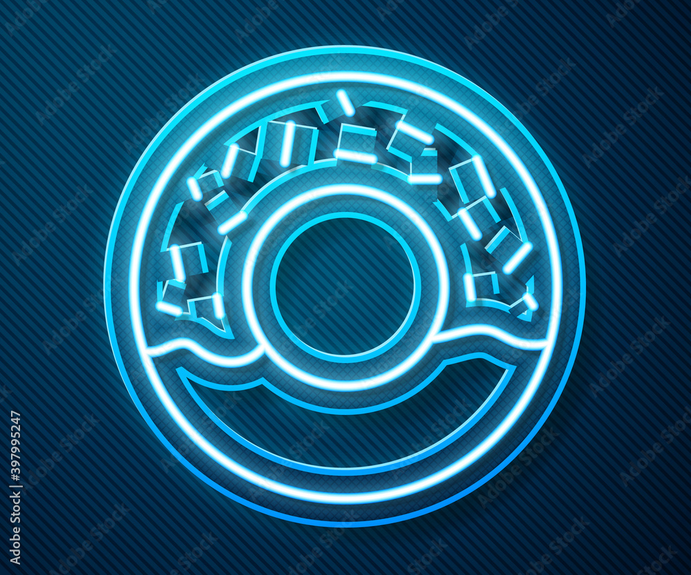 Glowing neon line Donut with sweet glaze icon isolated on blue background. Vector.