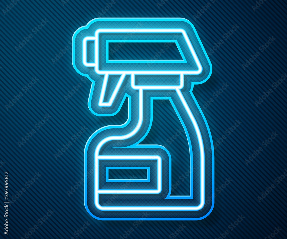 Glowing neon line Cleaning spray bottle with detergent liquid icon isolated on blue background. Stai