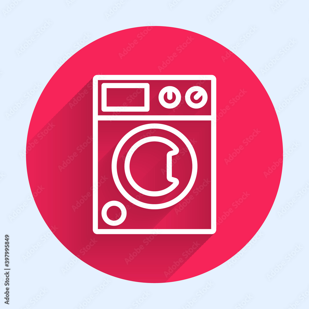 White line Washer icon isolated with long shadow. Washing machine icon. Clothes washer - laundry mac