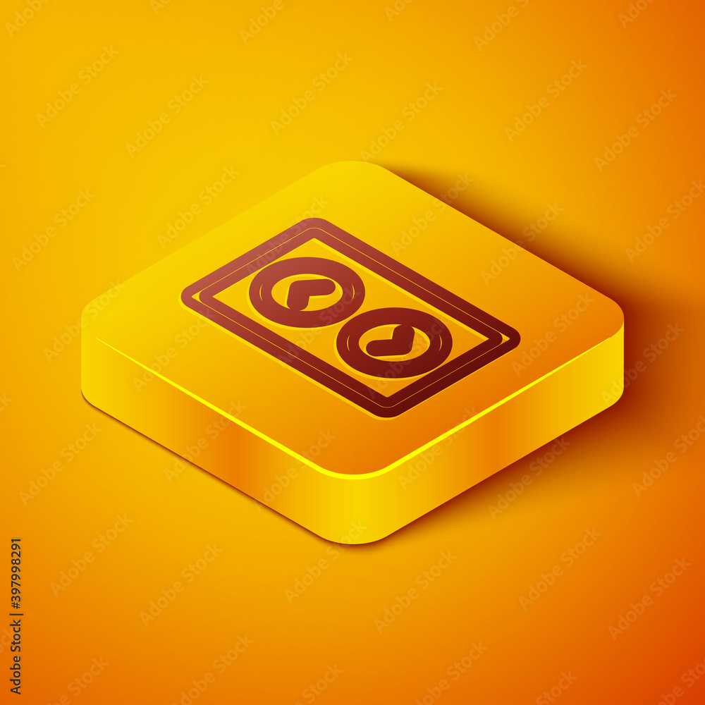 Isometric line Lift icon isolated on orange background. Elevator symbol. Yellow square button. Vecto