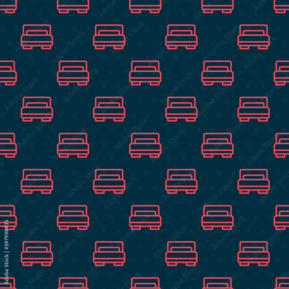 Red line Hotel room bed icon isolated seamless pattern on black background. Vector.