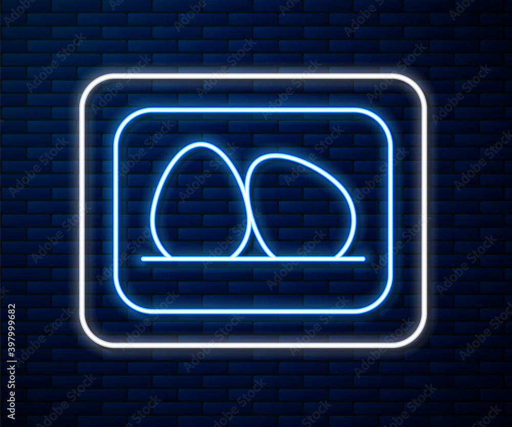 Glowing neon line Chicken egg icon isolated on brick wall background. Vector.