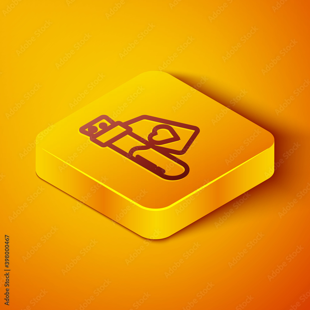 Isometric line Bottle with love potion icon isolated on orange background. Valentines day symbol. Ye