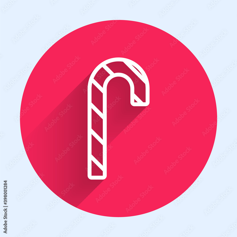 White line Christmas candy cane with stripes icon isolated with long shadow. Merry Christmas and Hap