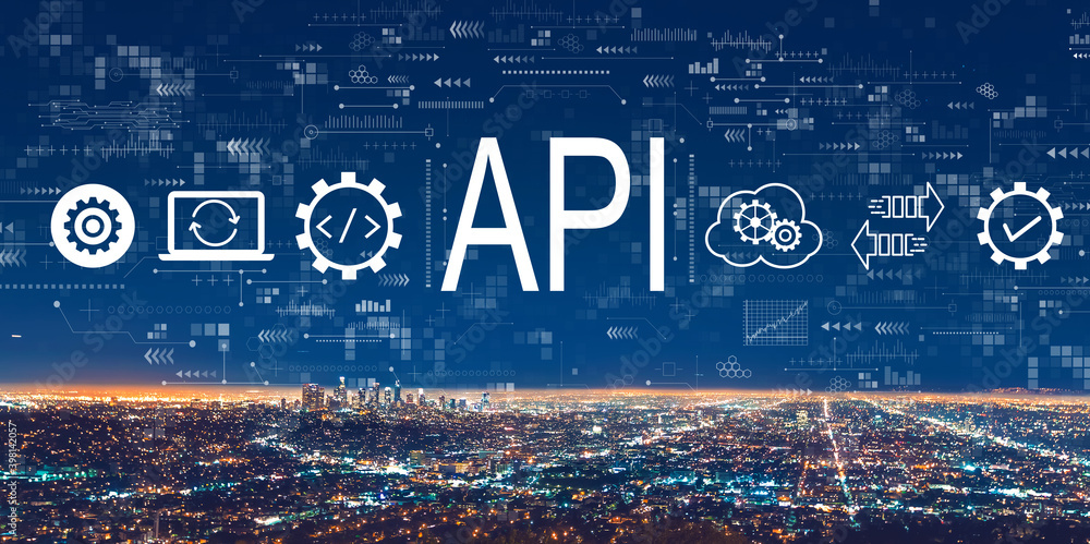 API - application programming interface concept with downtown Los Angeles at night