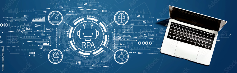 Robotic Process Automation RPA theme with a laptop computer on a desk