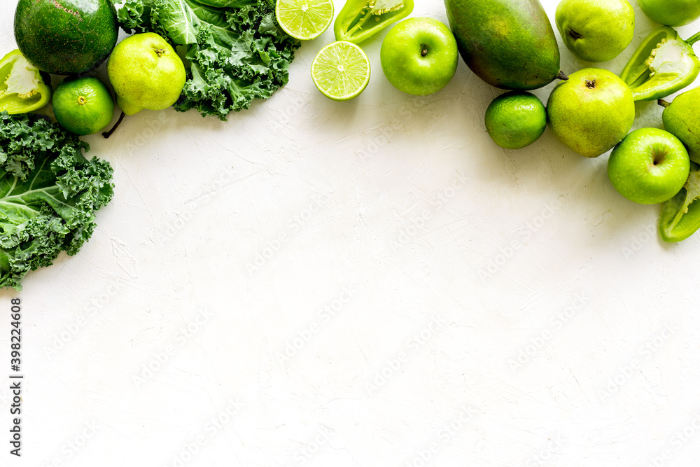 Variety of green fruits and vegetables for protein vegetarians meal