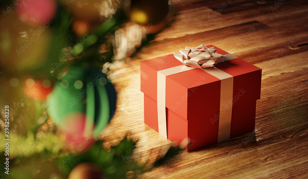 A festive christmas scene with a wrapped present or gift under a christmas tree. 3D illustration hol