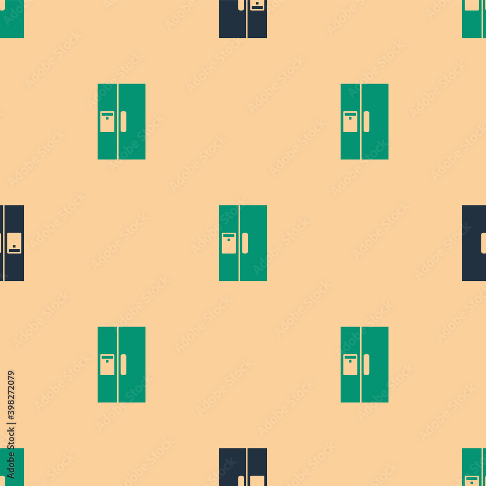 Green and black Refrigerator icon isolated seamless pattern on beige background. Fridge freezer refr