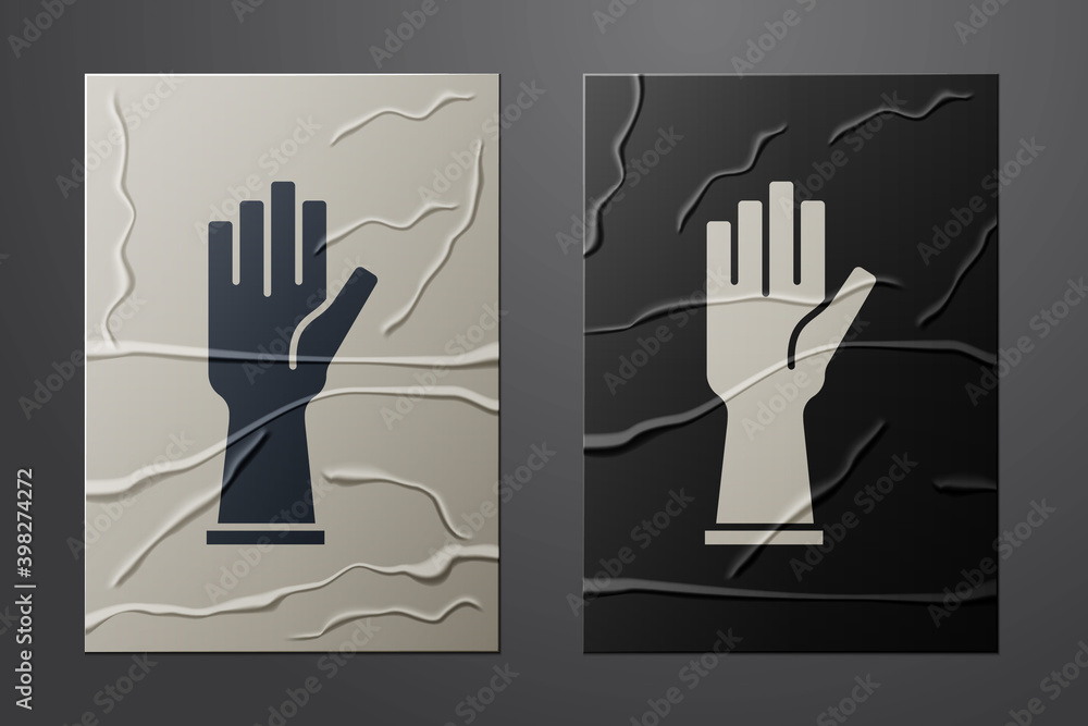 White Rubber gloves icon isolated on crumpled paper background. Latex hand protection sign. Housewor