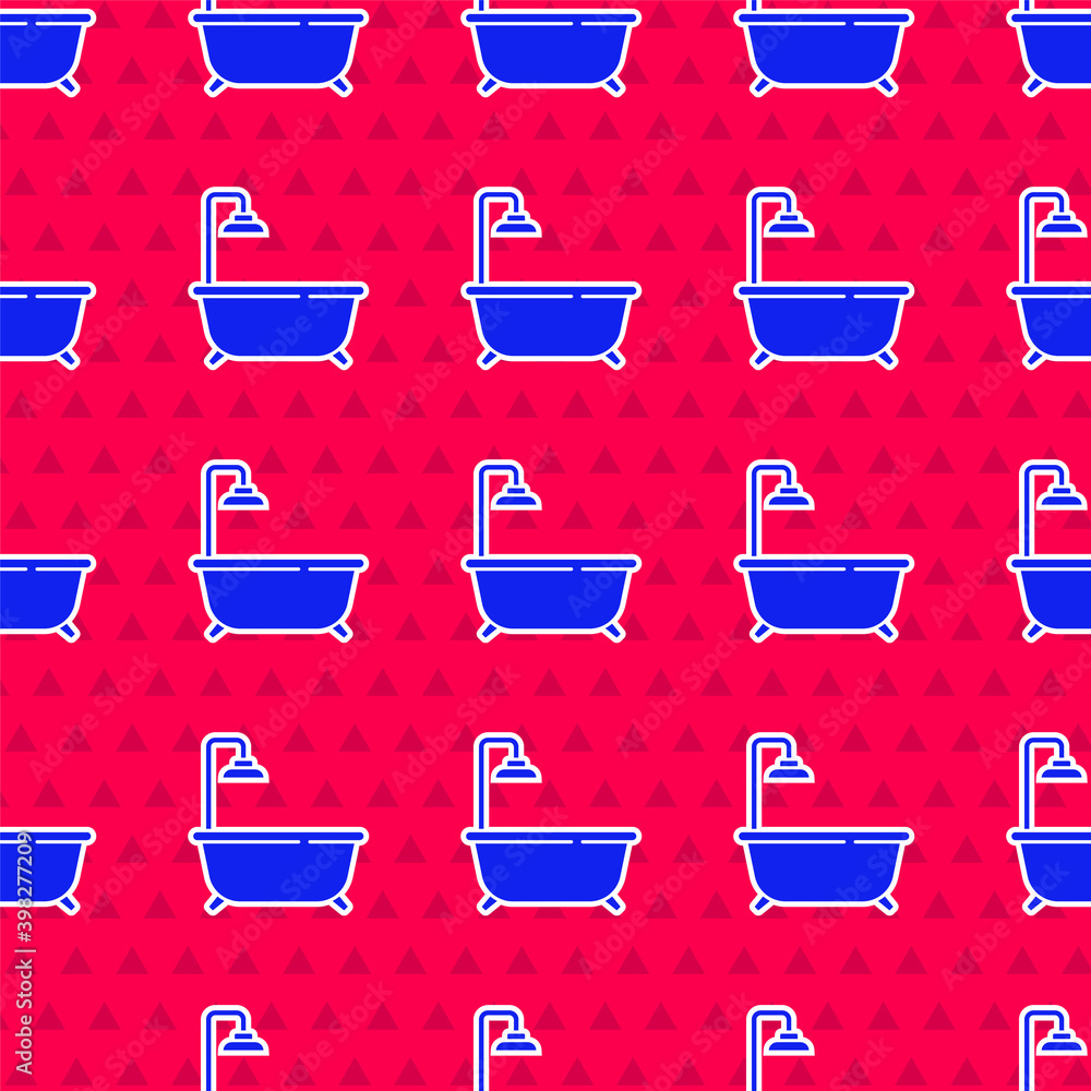 Blue Bathtub with shower icon isolated seamless pattern on red background. Vector.