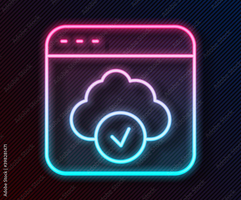 Glowing neon line Cloud technology data transfer and storage icon isolated on black background. Vect