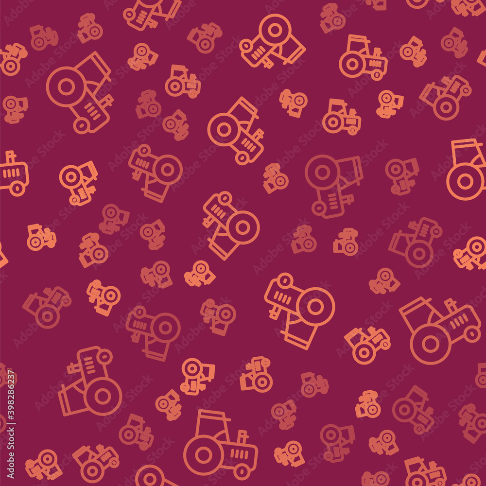 Brown line Tractor icon isolated seamless pattern on red background. Vector.