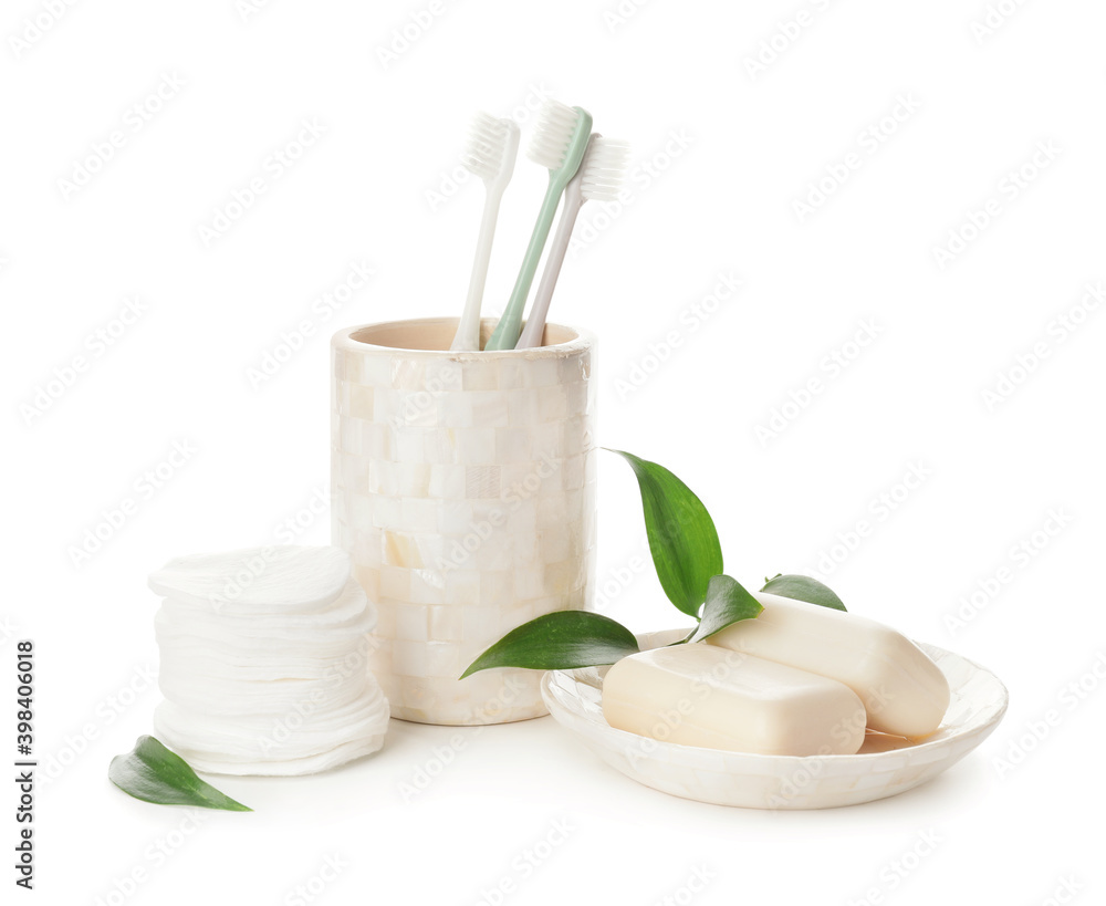 Bath accessories on white background