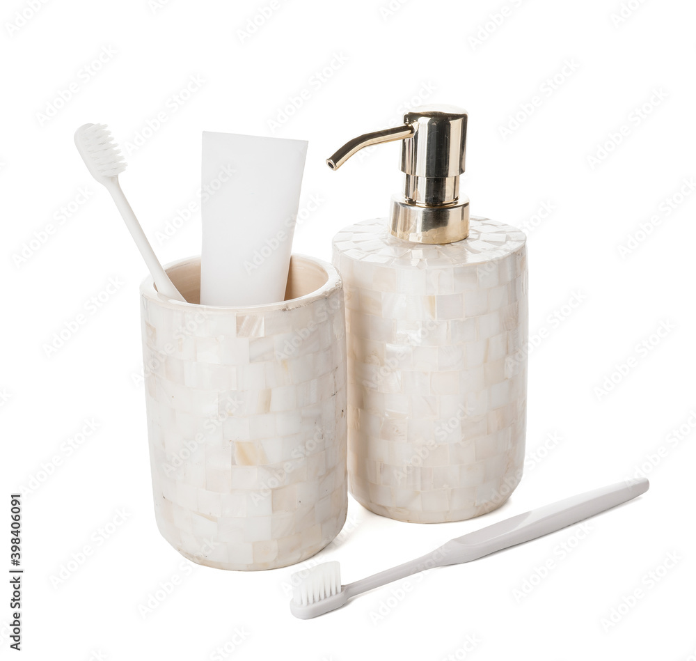 Bath accessories on white background