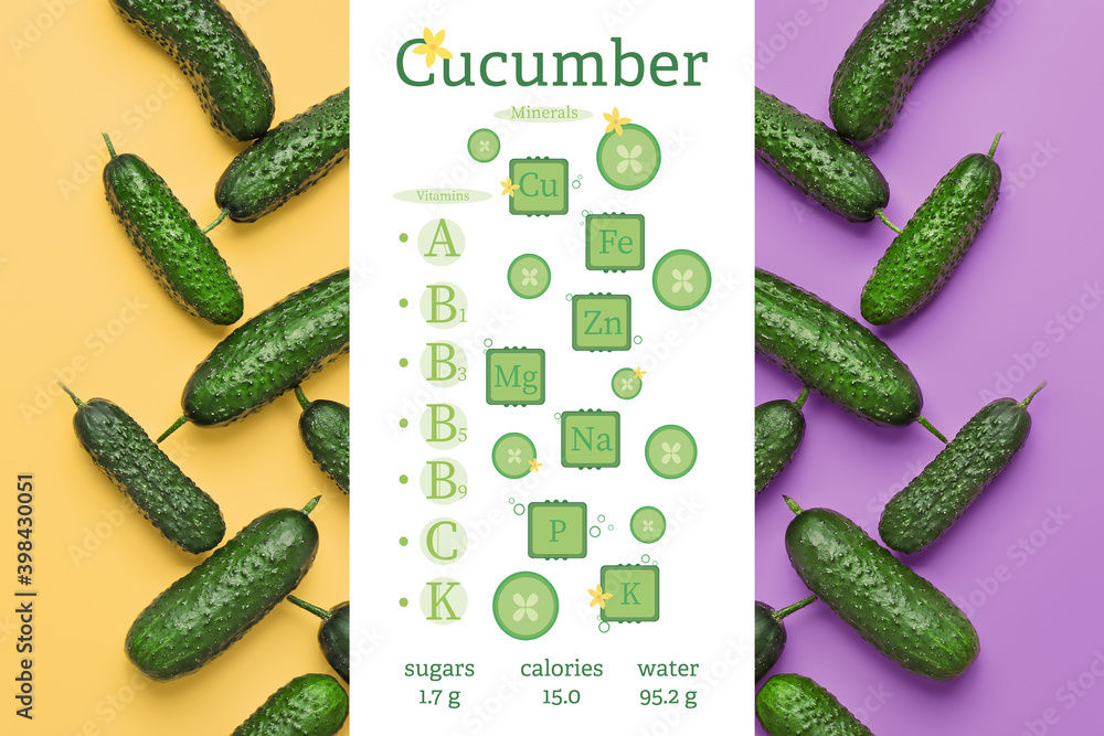 Fresh green cucumbers on color background