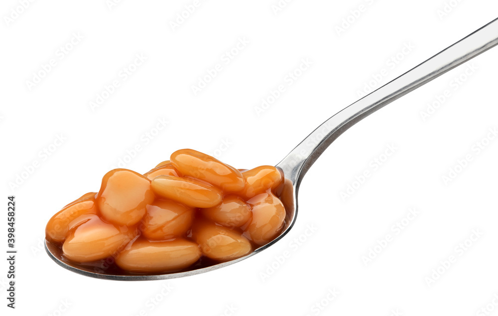 Spoon of baked beans in tomato sauce isolated on white background