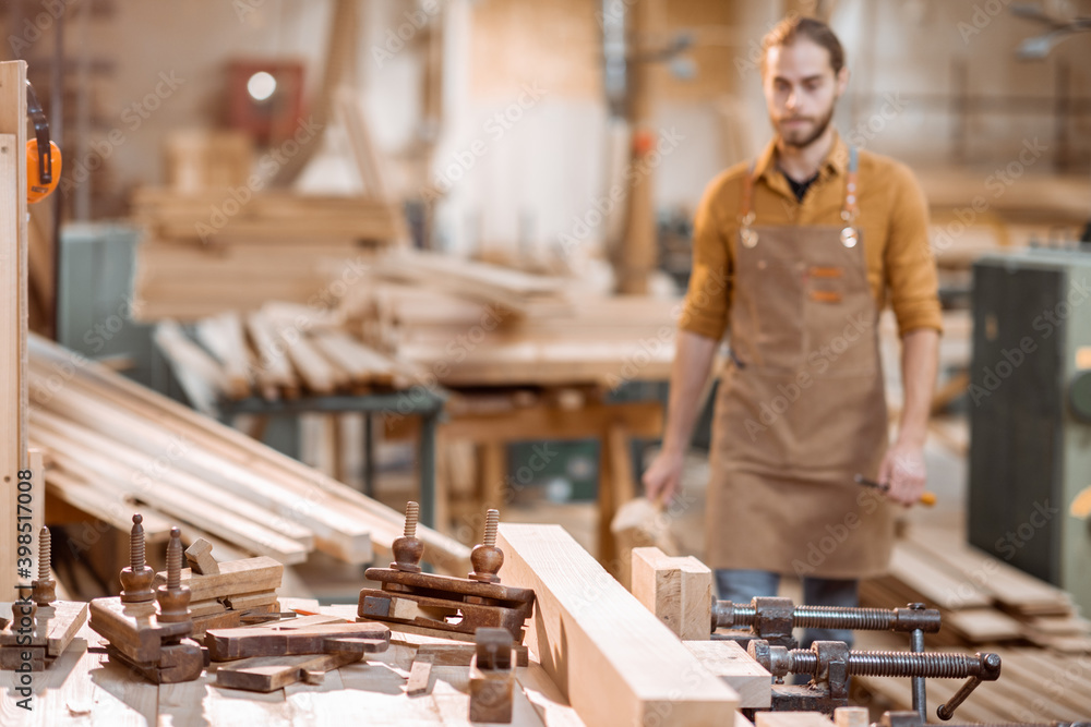 Workbench with vintage carpentry tools