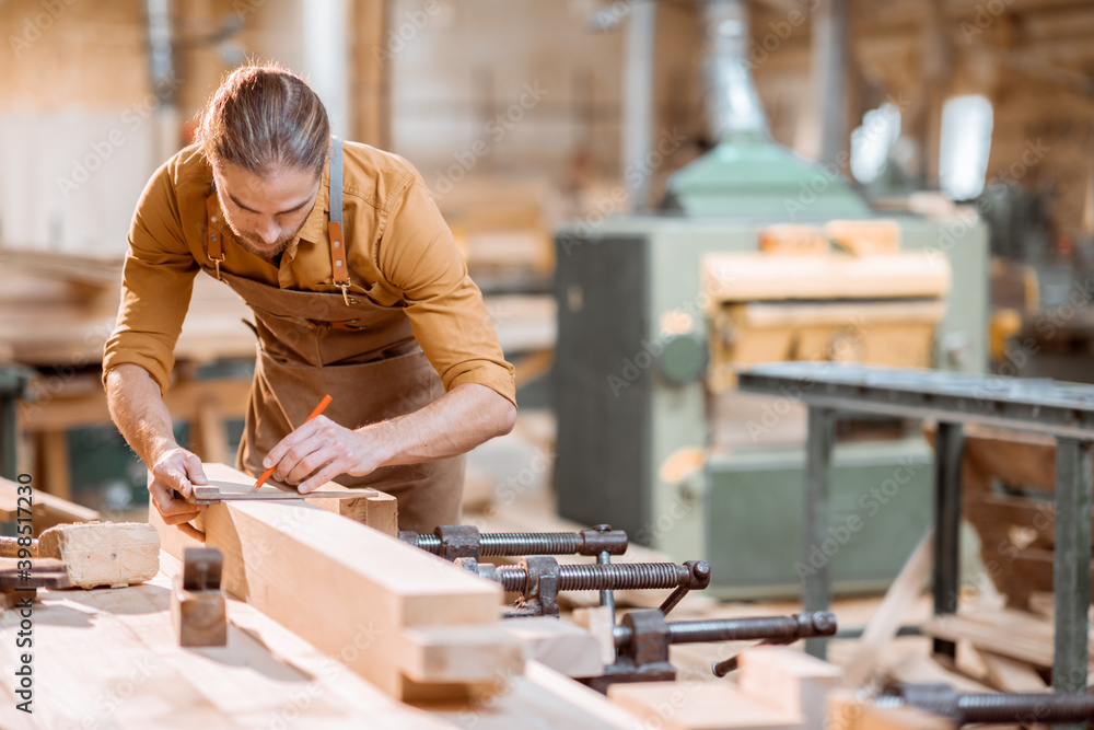 Carpenter working with a wood in the workshop