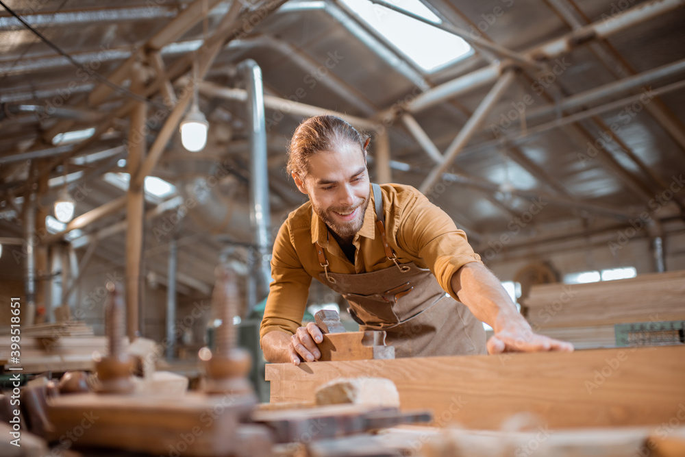 Carpenter working with a wood in the workshop