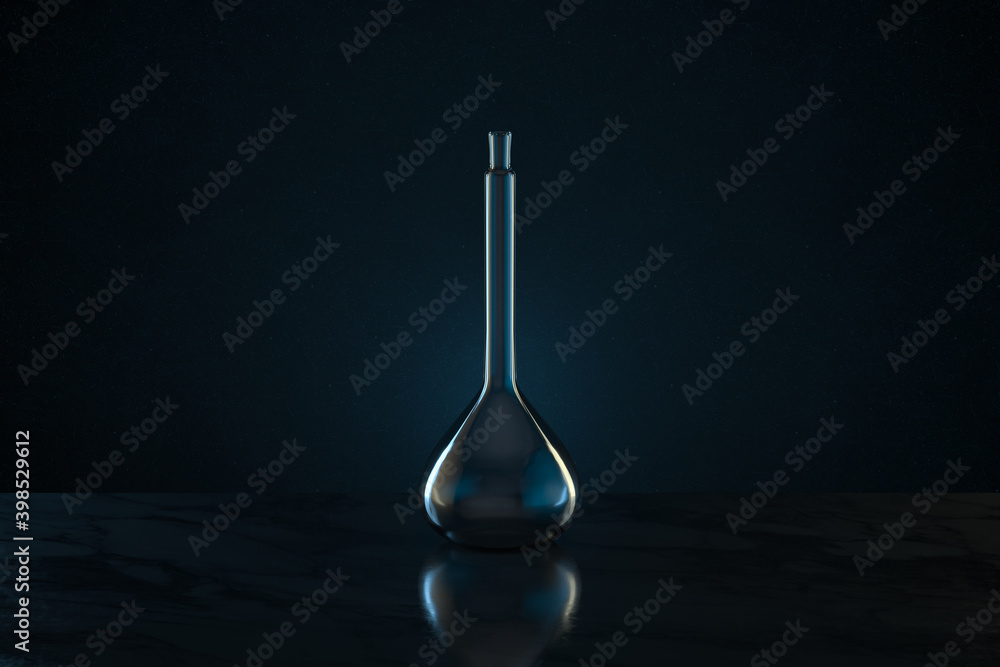 Chemistry glassware with dark background, 3d rendering.