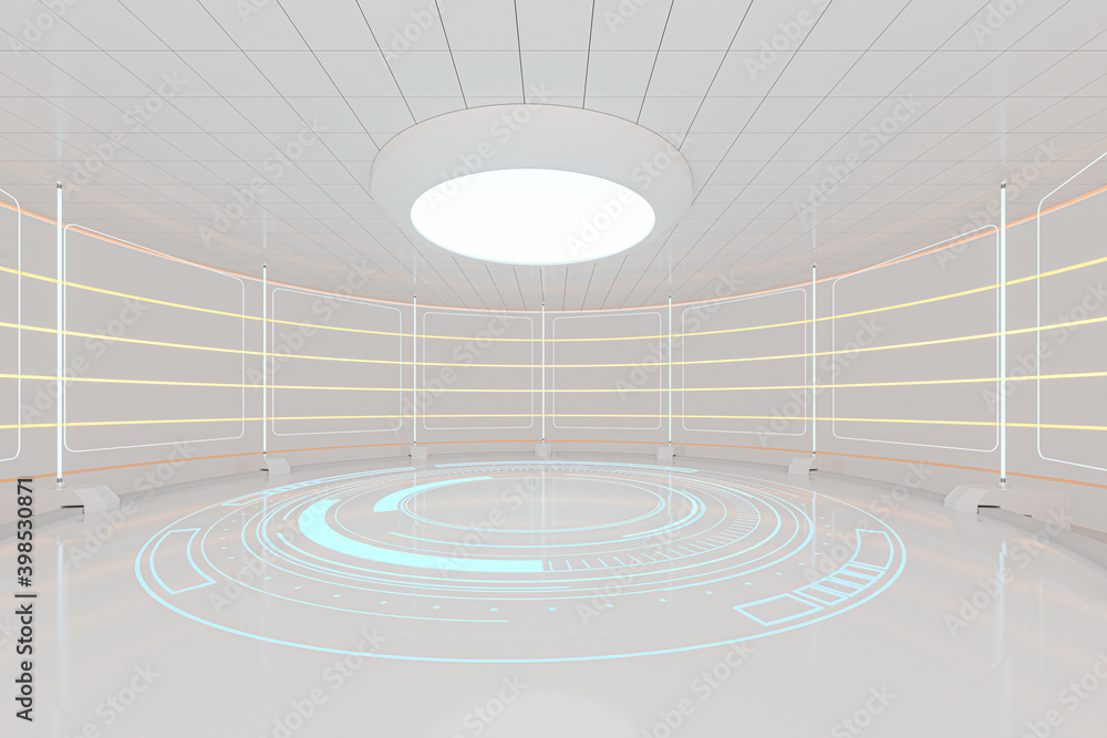 创意圆形房间，空的演示室，3d渲染。