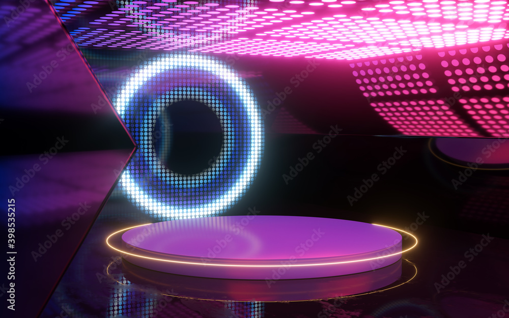 Neon light room with round stage in the center, 3d rendering.