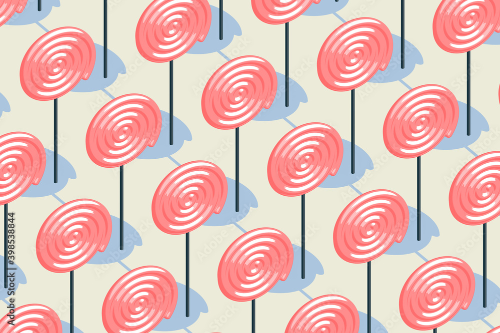 Candy pattern, pink lollipop with pale yellow background, raster illustration.