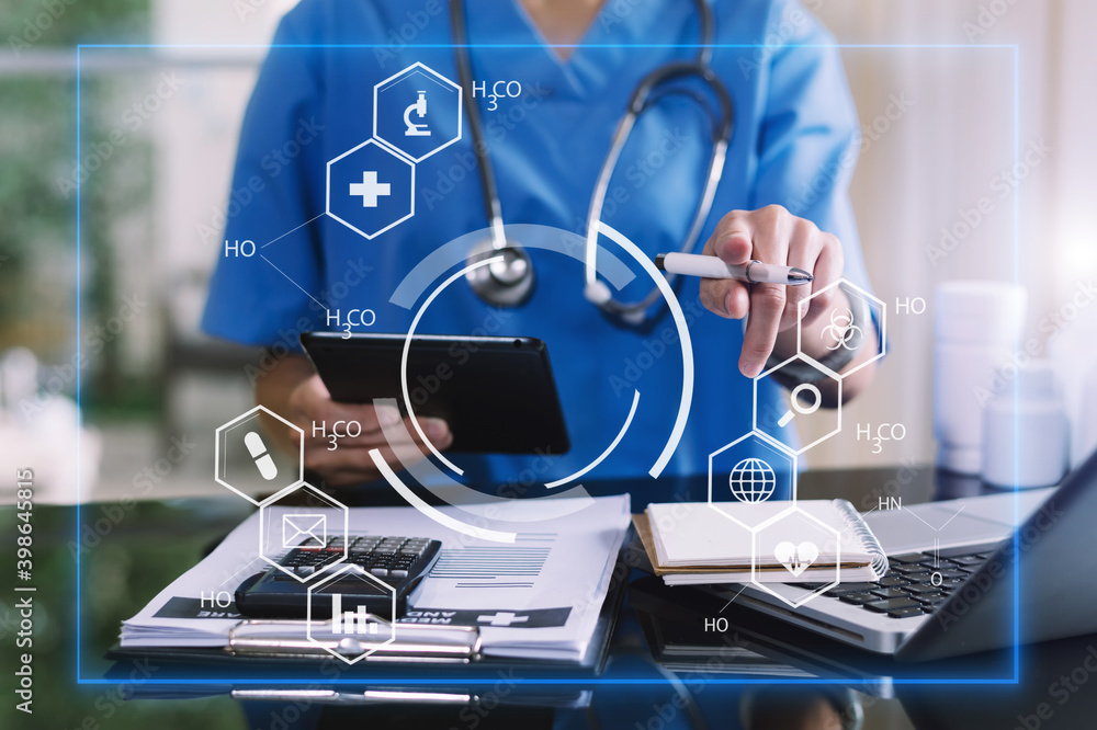 Medicine doctor and stethoscope using tablet with icon medical network connection on virtual Modern 