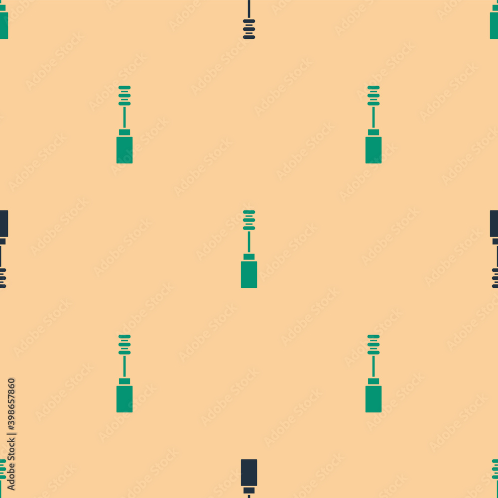 Green and black Mascara brush icon isolated seamless pattern on beige background.  Vector.