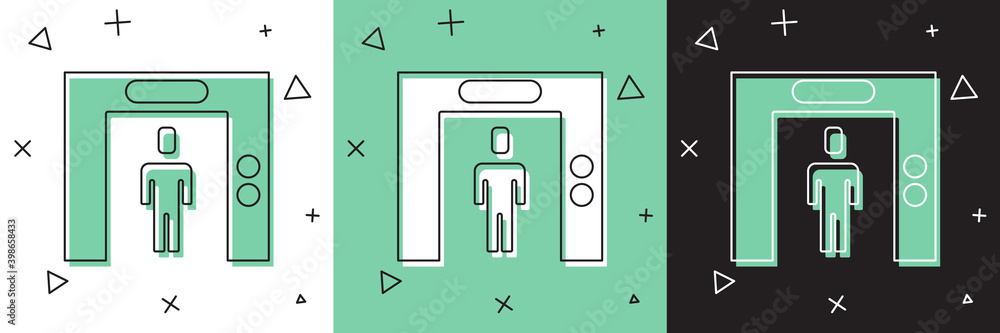将电梯图标隔离在白色和绿色、黑色背景上。电梯符号。矢量。