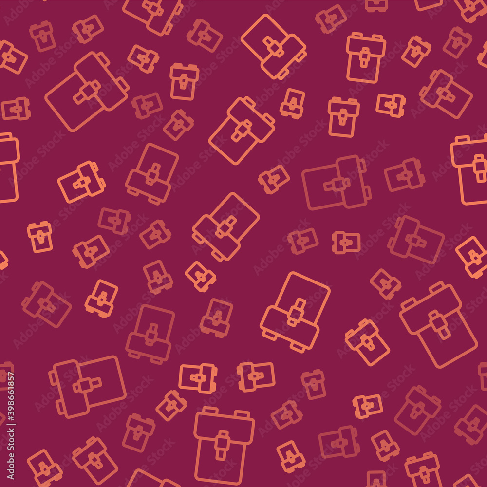 Brown line School backpack icon isolated seamless pattern on red background.  Vector.