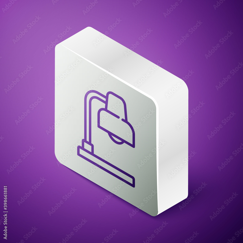 Isometric line Table lamp icon isolated on purple background. Silver square button. Vector.