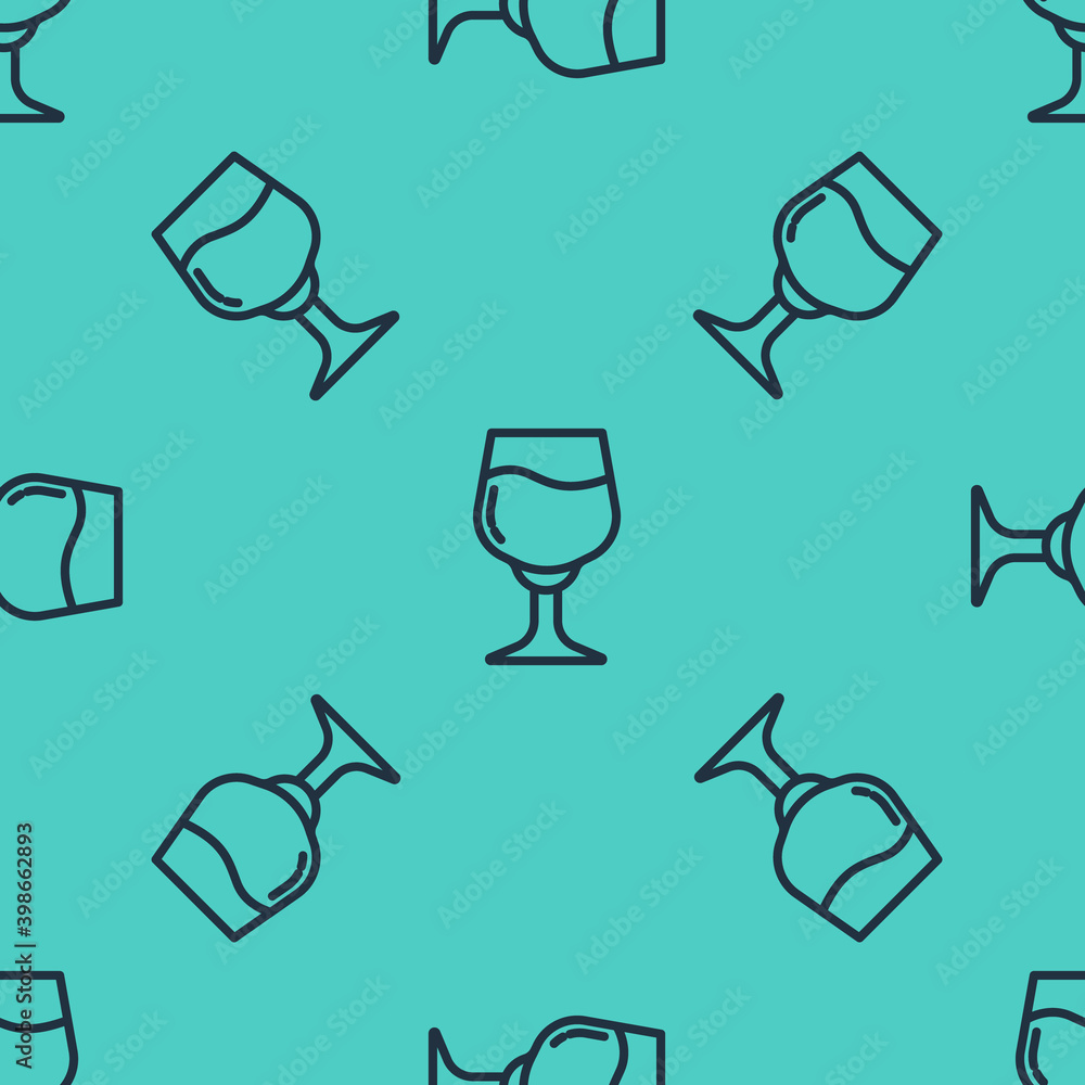 Black line Wine glass icon isolated seamless pattern on green background. Wineglass sign.  Vector.