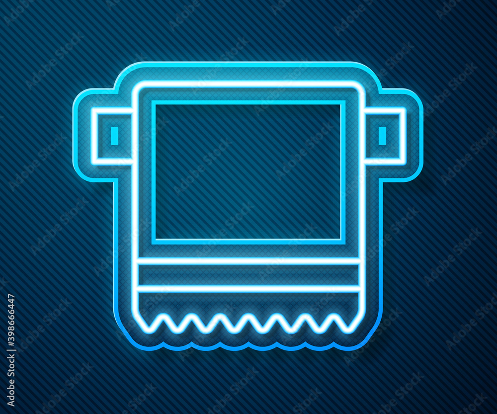 Glowing neon line Towel on hanger icon isolated on blue background. Bathroom towel icon.  Vector.