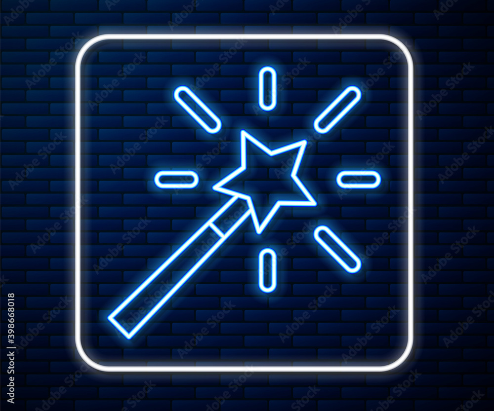 Glowing neon line Magic wand icon isolated on brick wall background. Star shape magic accessory. Mag