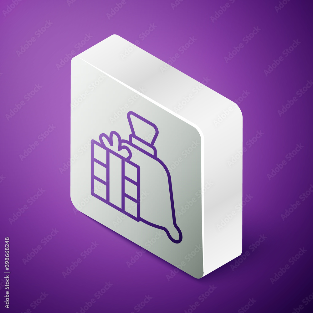 Isometric line Santa Claus bag gift icon isolated on purple background. Christmas presents sack. Mer