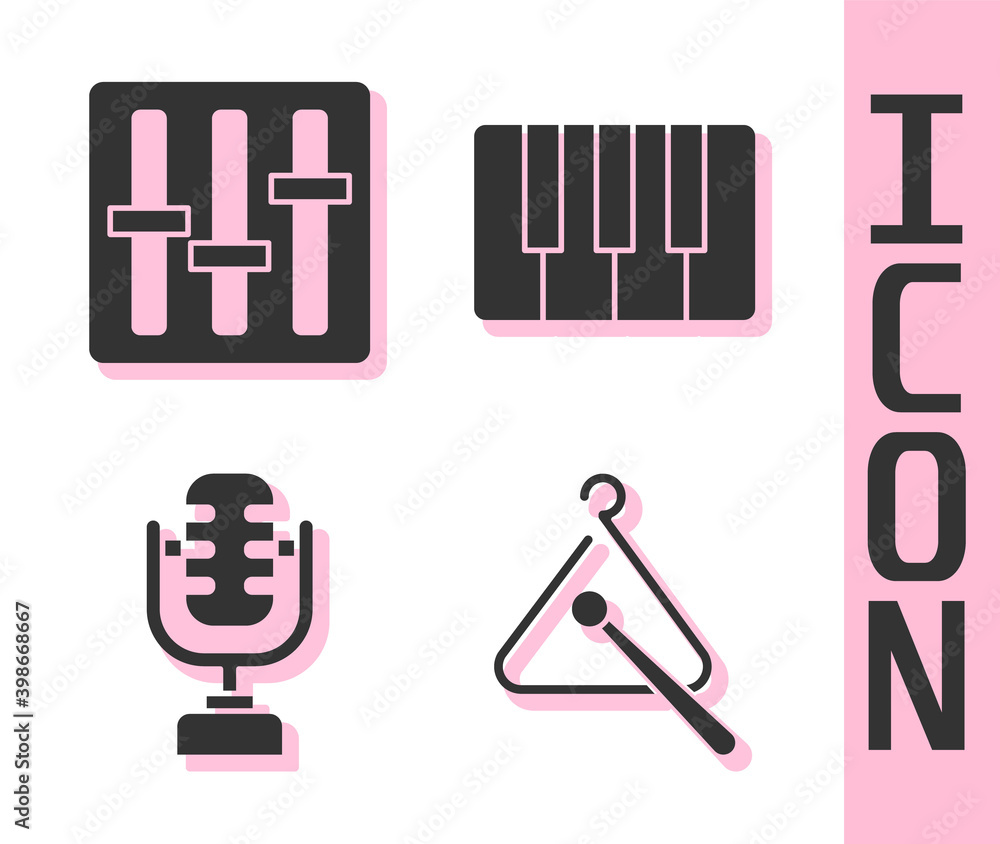 Set Triangle musical instrument, Sound mixer controller, Microphone and Music synthesizer icon. Vect