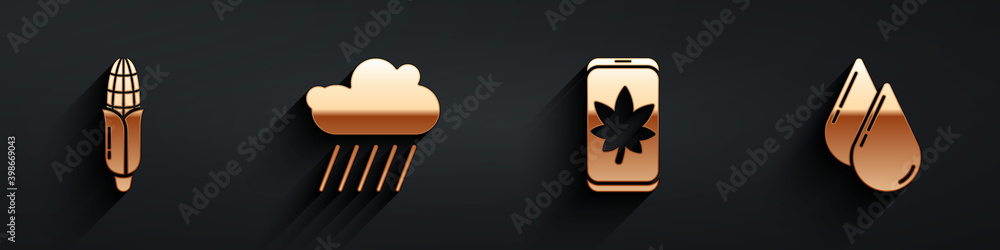 Set Corn, Cloud with rain, Leaf on mobile phone and Water drop icon with long shadow. Vector