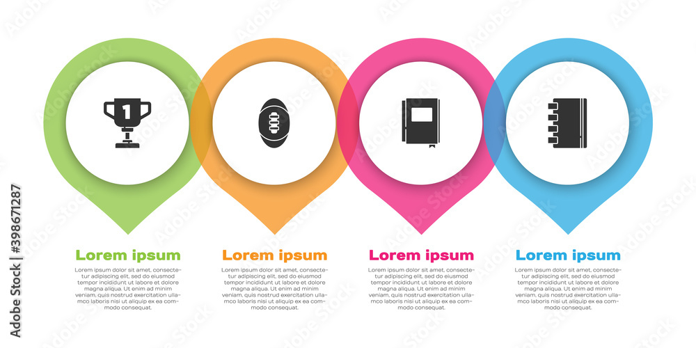设置奖杯、美式足球、书本和螺旋笔记本。商业信息图表模板。Vect