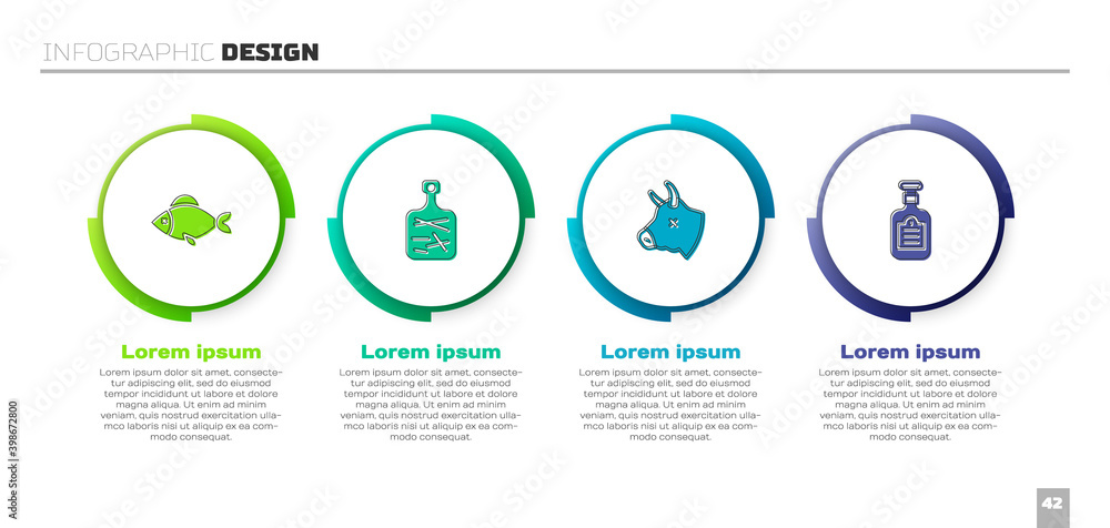 套装鱼、砧板、牛头和酱汁瓶。商业信息图模板。矢量。