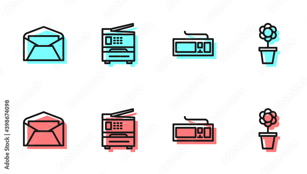 设置行键盘、信封、打印机和花盆图标。矢量。