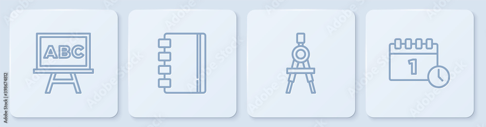设置线条黑板，绘图指南针，螺旋笔记本和日历九月一日。白色方块