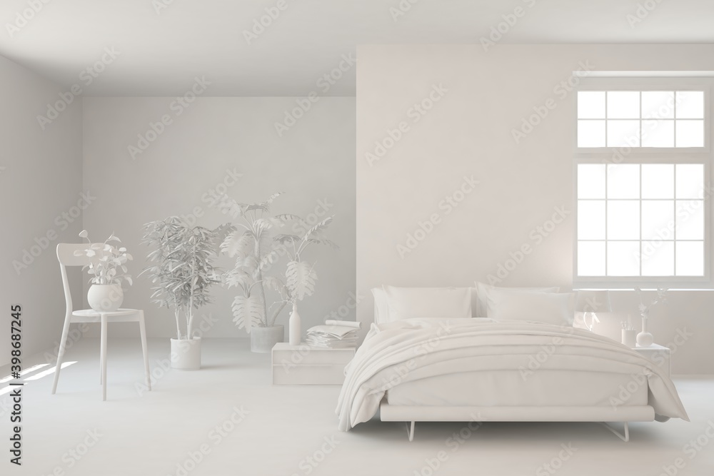 Modern bedroom in white color. Scandinavian interior design. 3D illustration