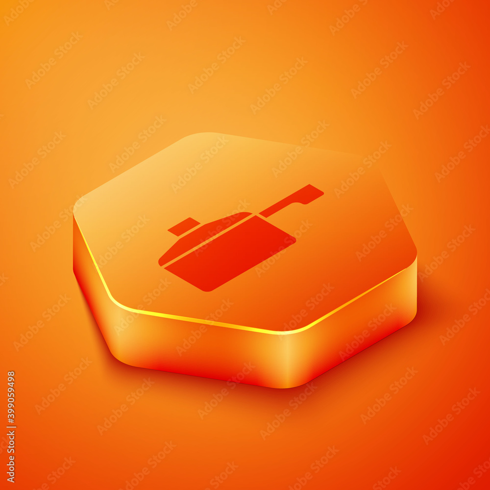 Isometric Frying pan icon isolated on orange background. Fry or roast food symbol. Orange hexagon bu