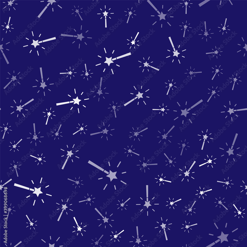 White Magic wand icon isolated seamless pattern on blue background. Star shape magic accessory. Magi