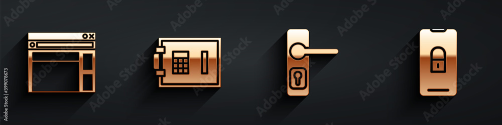 Set Website template, Safe, Door handle and Mobile with closed padlock icon with long shadow. Vector