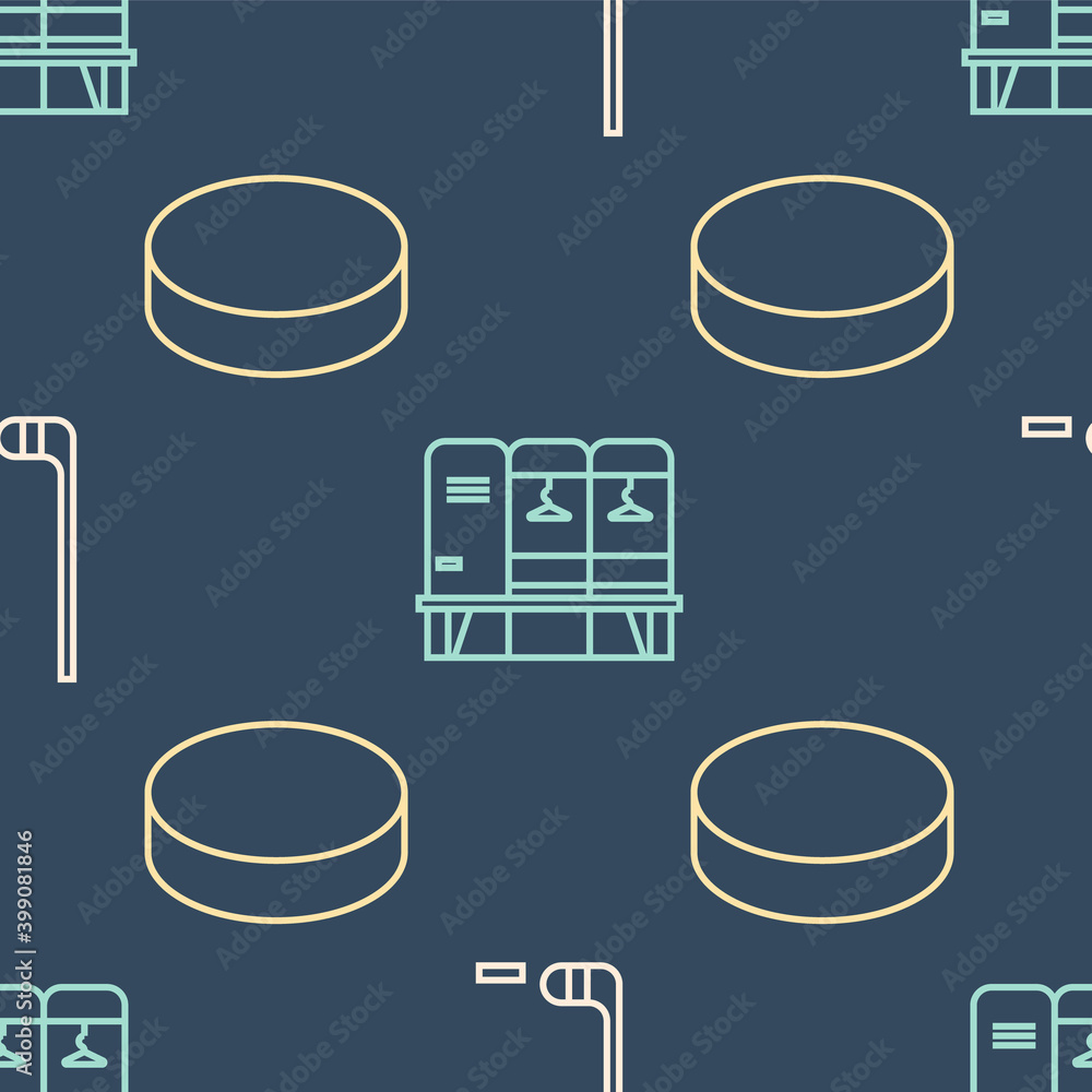 Set line Ice hockey stick and puck, Hockey puck and Locker or changing room on seamless pattern. Vec