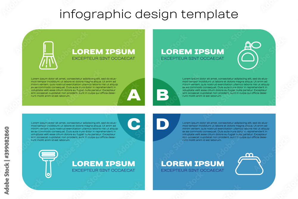 套装剃须刀，化妆刷，离合器袋和香水。商业信息图模板。矢量。