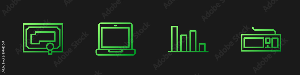 设置线饼图信息图，证书模板，笔记本电脑和键盘。渐变色图标。Vec